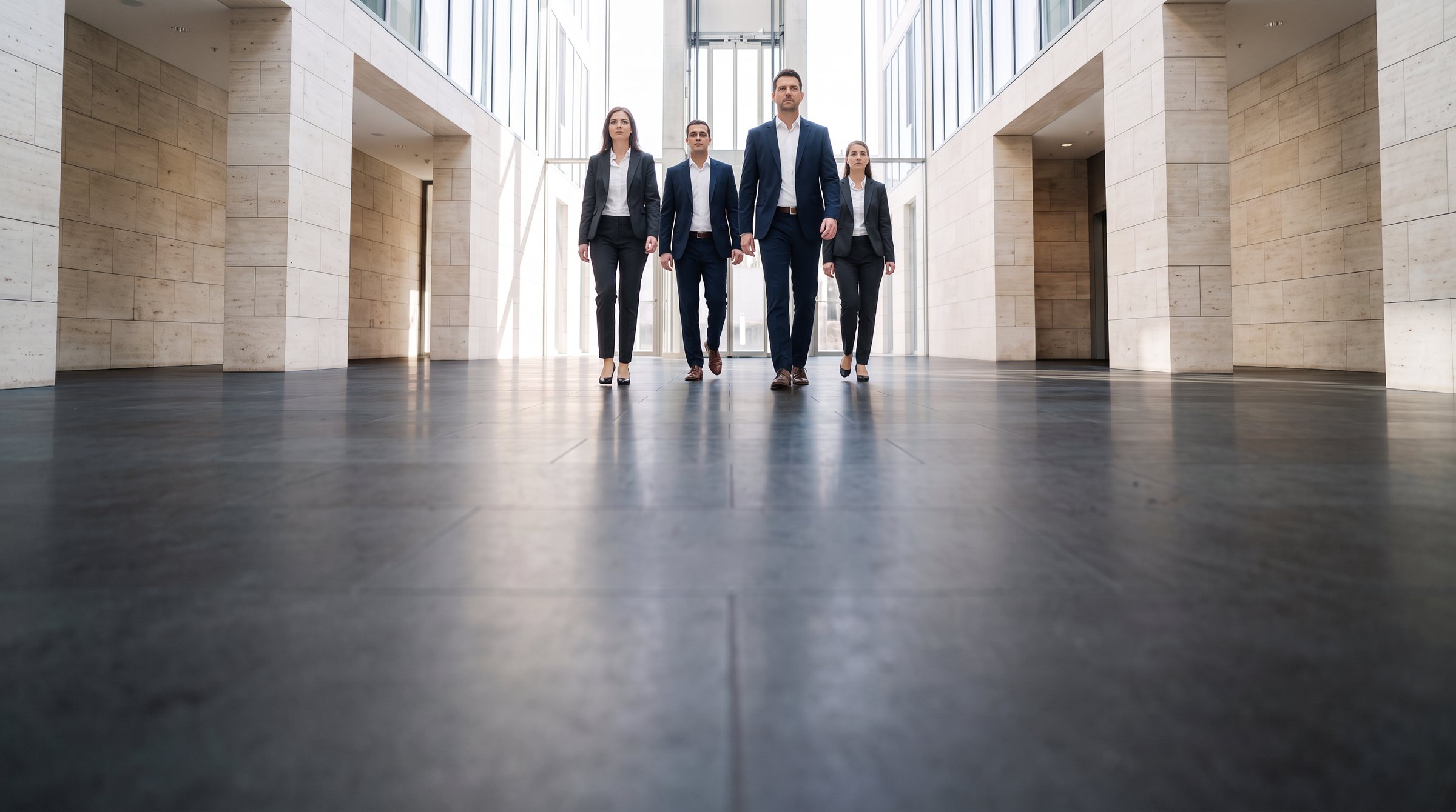 Quatre dirigeants d’une trentaine d’années traversent d’un pas décidé un atrium de pierre claire.