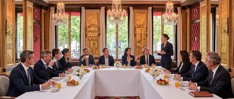 Dirigeants et managers réunis en table en U pour le petit-déjeuner de la Matinale