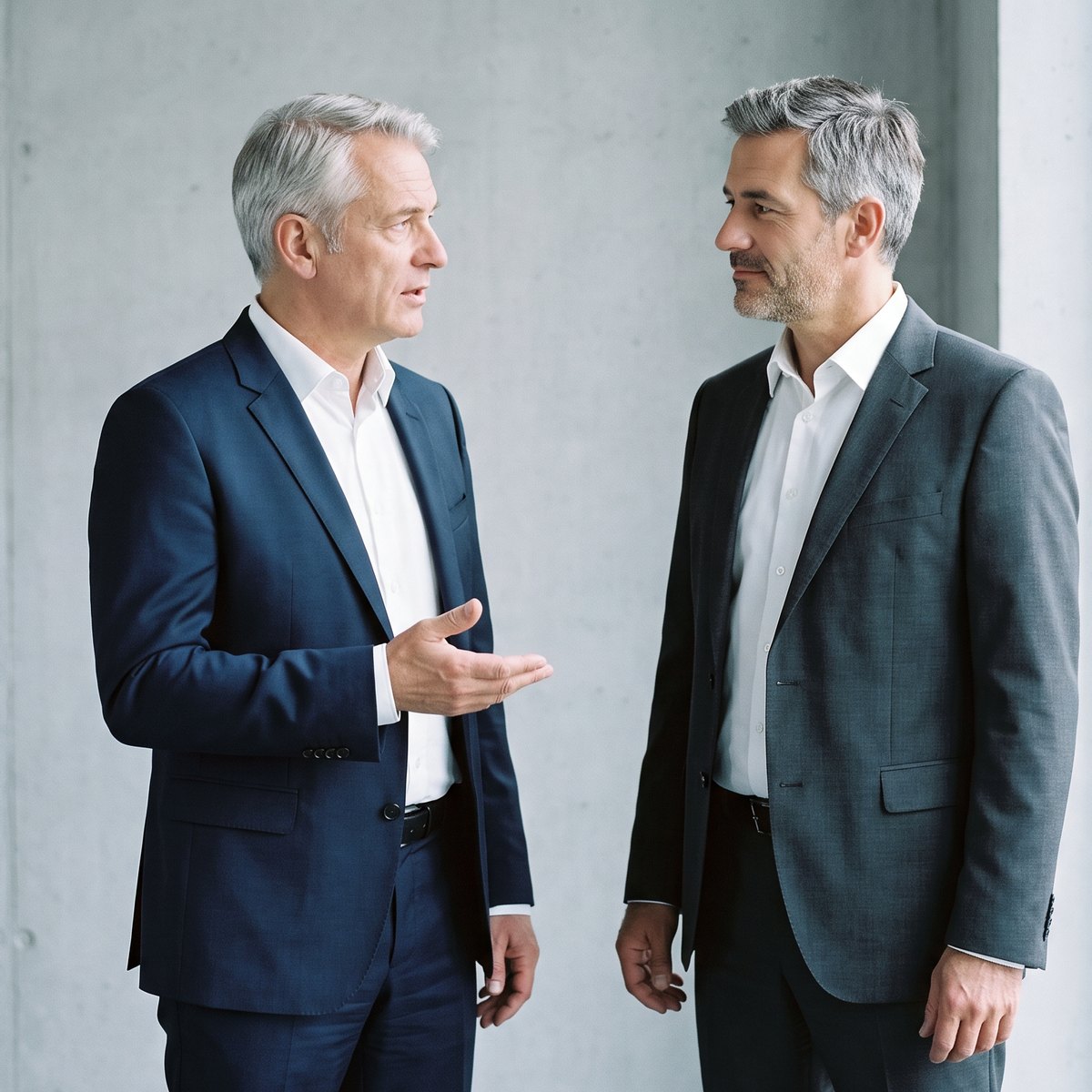 Deux dirigeants en discussion, l’un expliquant, l’autre écoutant.