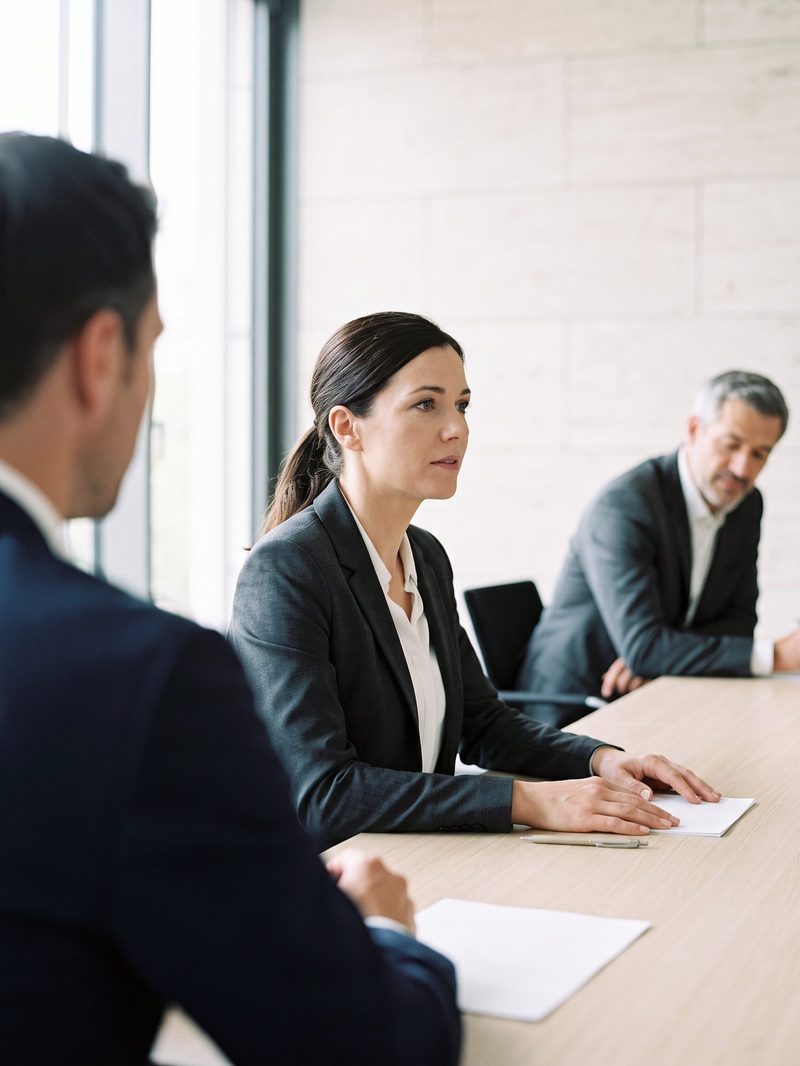 Une directrice écoute en comité de direction, à une longue table claire, entre deux collègues.