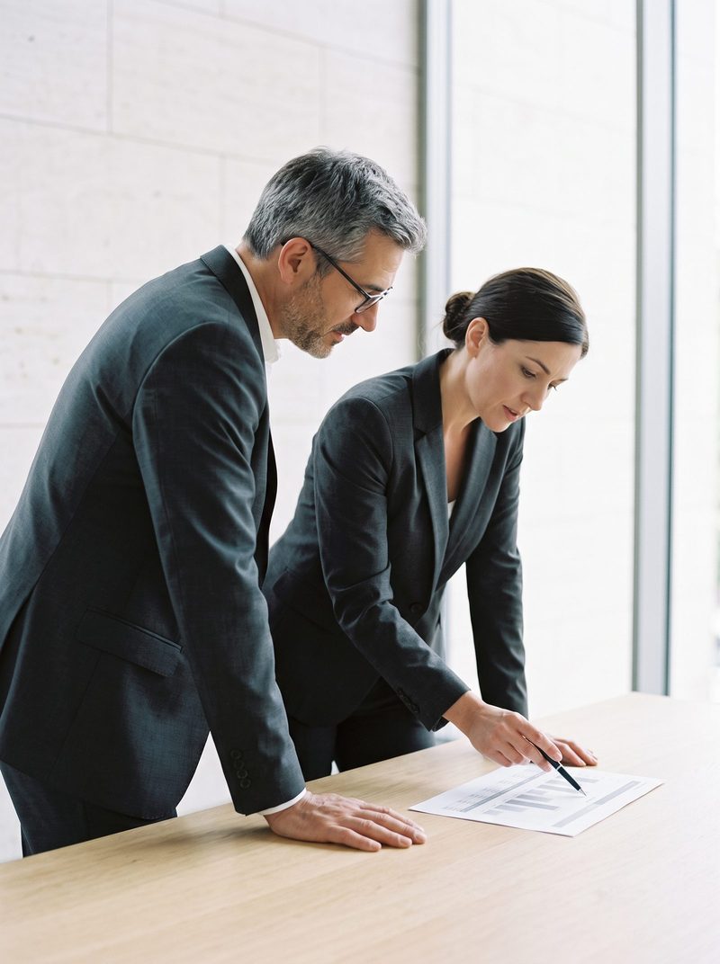 Un directeur financier et une directrice des ressources humaines penchés sur le même document, à une table claire.
