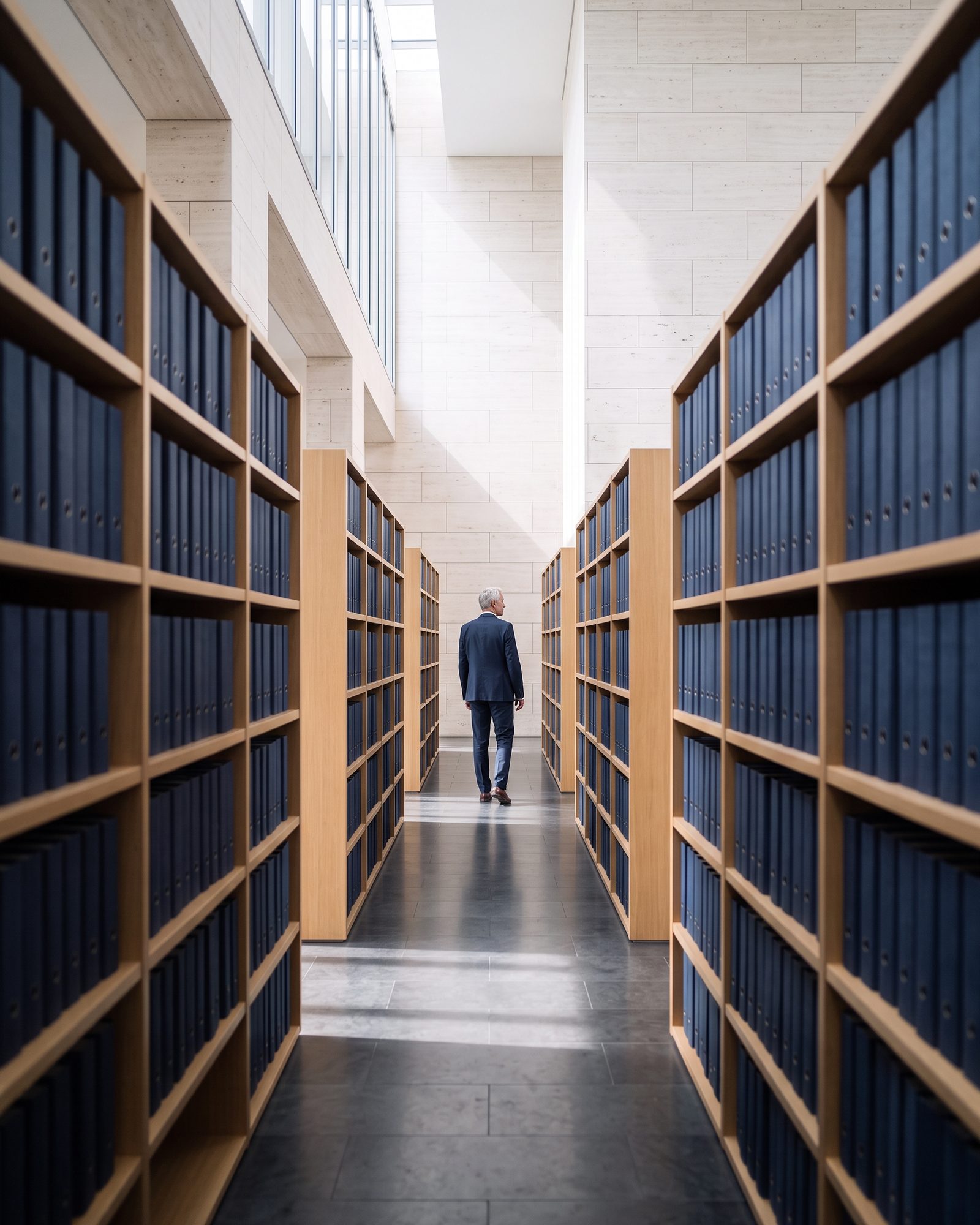 Un dirigeant s’éloigne dans une galerie d’archives en pierre claire, entre deux rangées de dossiers bleu nuit.