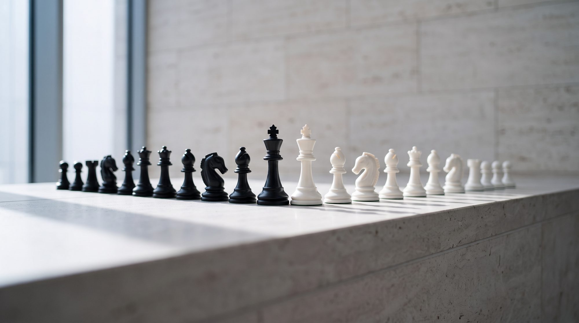 Un jeu d’échecs complet aligné en une seule rangée sur un rebord de pierre claire, les pièces noires face aux blanches.