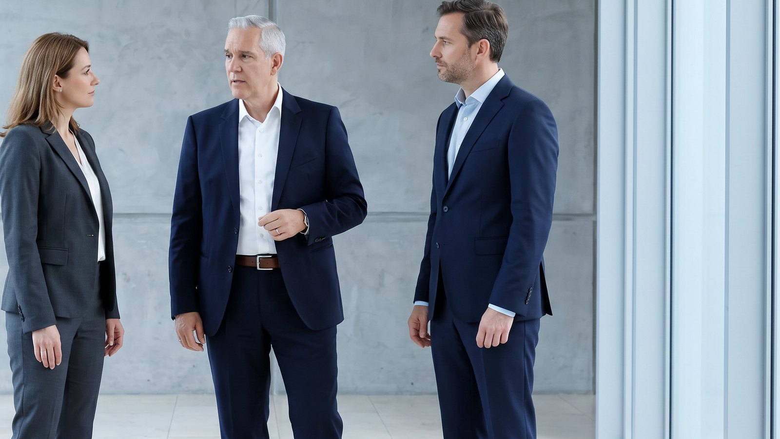 Trois dirigeants debout en discussion dans un bureau clair.