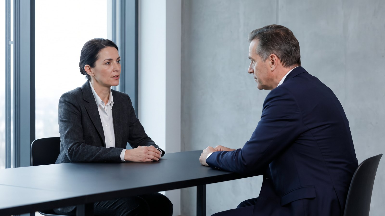 Une dirigeante et un dirigeant en entretien de part et d’autre d’une table.